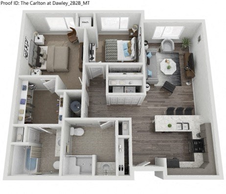 Floor plan for 2 beds, 2 baths, 1054 sqft